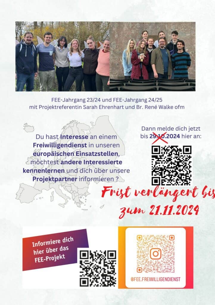 Eine Gruppe von Menschen posiert mit einem Text über ein europäisches Freiwilligenseminarprogramm. Die Frist wurde bis zum 21.11.2024 verlängert. Entdecken Sie Europa mit einer Karte und QR-Codes, um weitere Informationen zu dieser einmaligen Gelegenheit zu erhalten.