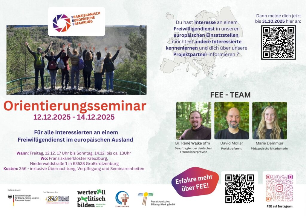 Flyer für ein Vorbereitungsseminar zum Europäischen Freiwilligendienst mit Veranstaltungsdetails, Daten (12.-14. Dezember 2025), Ort, Teilnahmegebühr und Fotos des Organisationsteams.