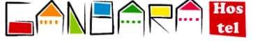 Ein farbenfrohes Logo mit der Aufschrift Ganbari Hostel.