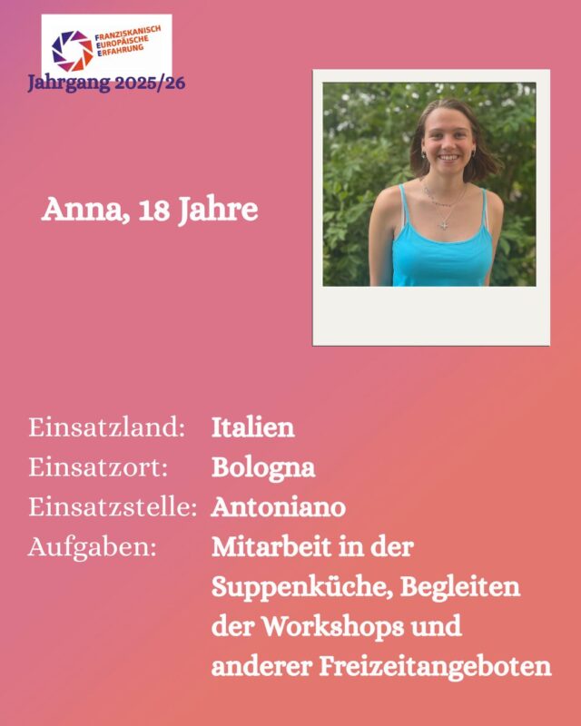 Ich heiße Anna und werde ab Mitte September meinen Freiwilligendienst in Italien beginnen. In meiner Freizeit spiele ich gerne Tennis, mache/ höre Musik, verbringe Zeit mit Freunden und Familie und bin seit vielen Jahren bei den Pfadfindern (als Teilnehmer und Leiter). 
Ich freue mich auf ein Jahr voller neuer Erfahrungen, Begegnungen und Herausforderungen.

#ijfd #freiwilligendienst #bologna #italien #🌍
