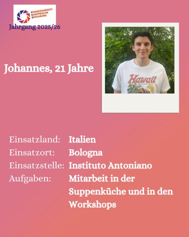 Hallo ich bin Johannes!
Ich freue mich Erfahrung in der Sozialen Arbeit sammeln zu dürfen, sowie neue Menschen kennen zu lernen.

#freiwilligendienst #bologna #antoniano #ijfd #🌍